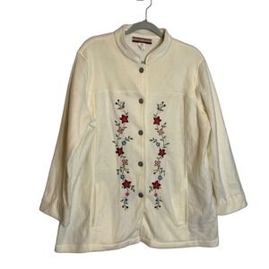 Tudor Court by Haband Sweater Womens Large Ivory Embroidered Flowers Button Up